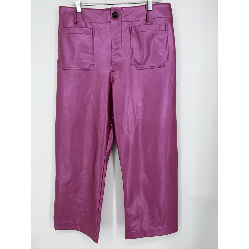 Anthropologie Maeve Colette Cropped Wide-Leg Vegan Leather Bright Pink Pants